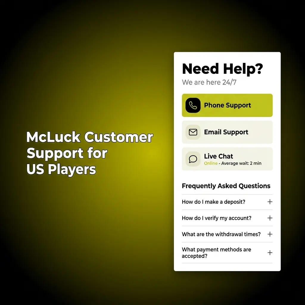 McLuck customer support options showing live chat, email, and help center channels for US players